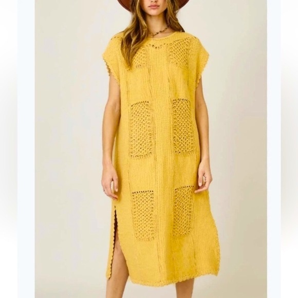 Ces Femme Dresses & Skirts - Ces Femme Yellow Beachy Crochet Knitted Sweater Midi Dress Medium